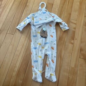 Rabbit & Bear Organic Cotton Footed sleeper pyjama hat set 0-3 months NWT safari